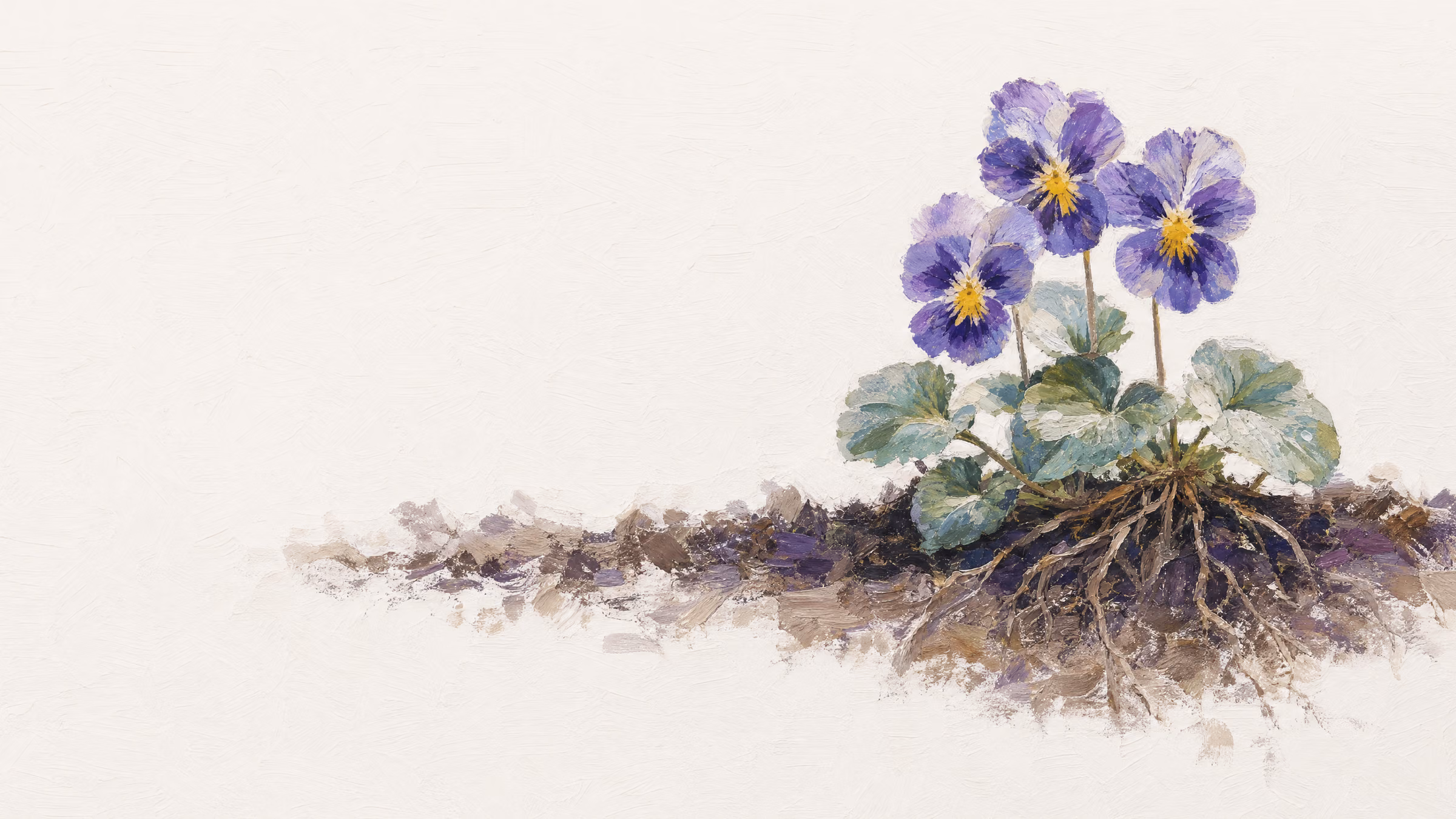 Tre violette stedmoderblomster, åbne side om side, hver med en mørk plet omkring et cremefarvet svælg og et lille gyldent øje, over bladene og rødderne.